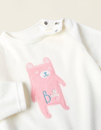 Pelele de Terciopelo para Bebé Niña 'Oso', Blanco/Rosa