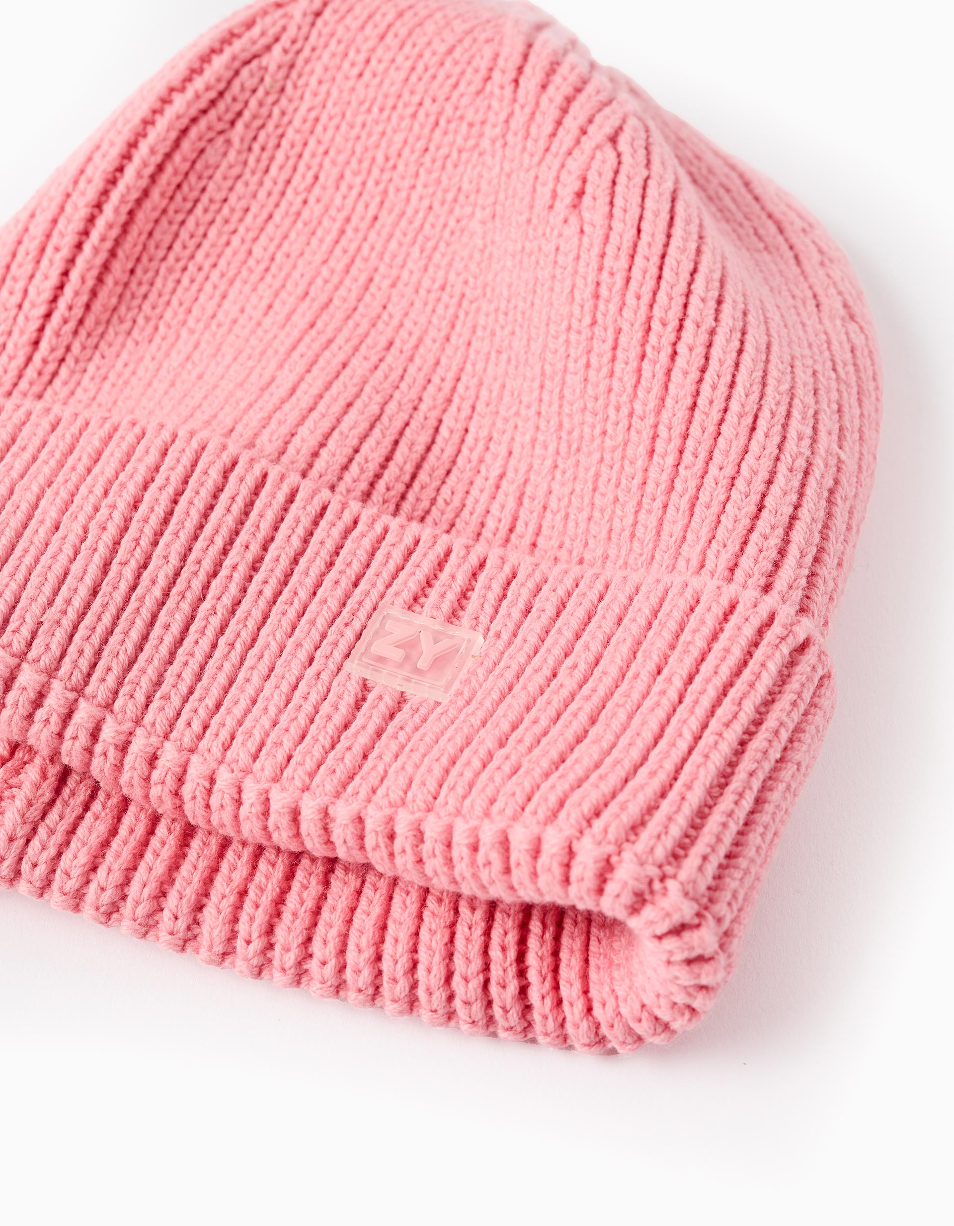 Ribbed Beanie with Fold for Girls, Pink