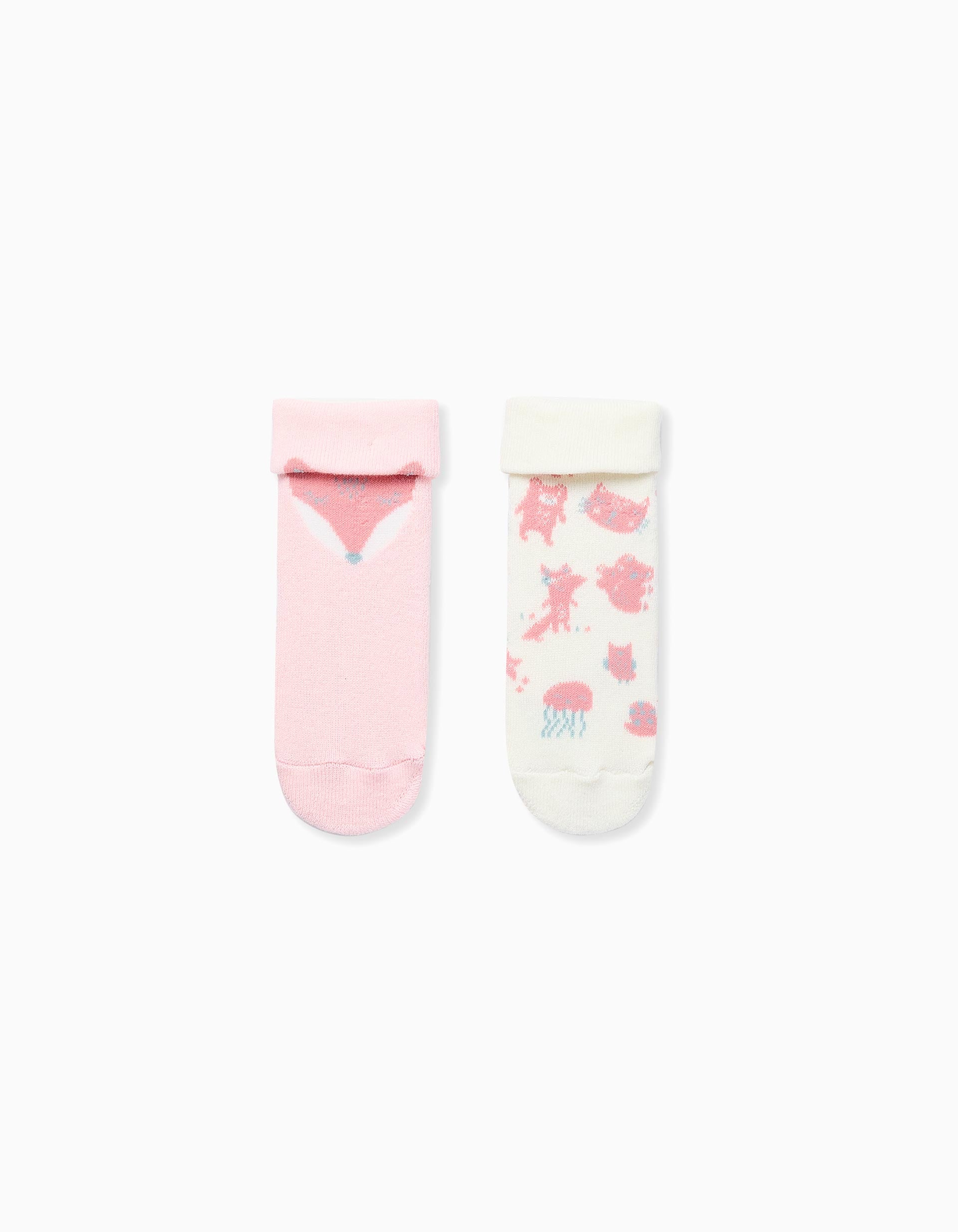 Pack of 2 Non-Slip Socks for Baby Girls 'Fox', White/Pink