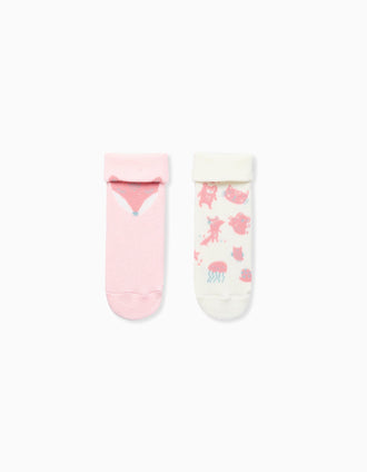 Pack 2 de Chaussettes Antidérapantes pour Bébé Fille 'Renard', Blanc/Rose