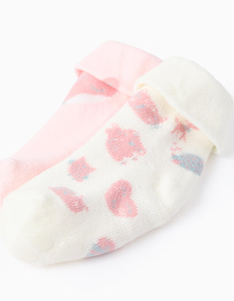 Pack 2 de Meias Antiderrapantes para Bebé Menina 'Raposa', Branco/Rosa