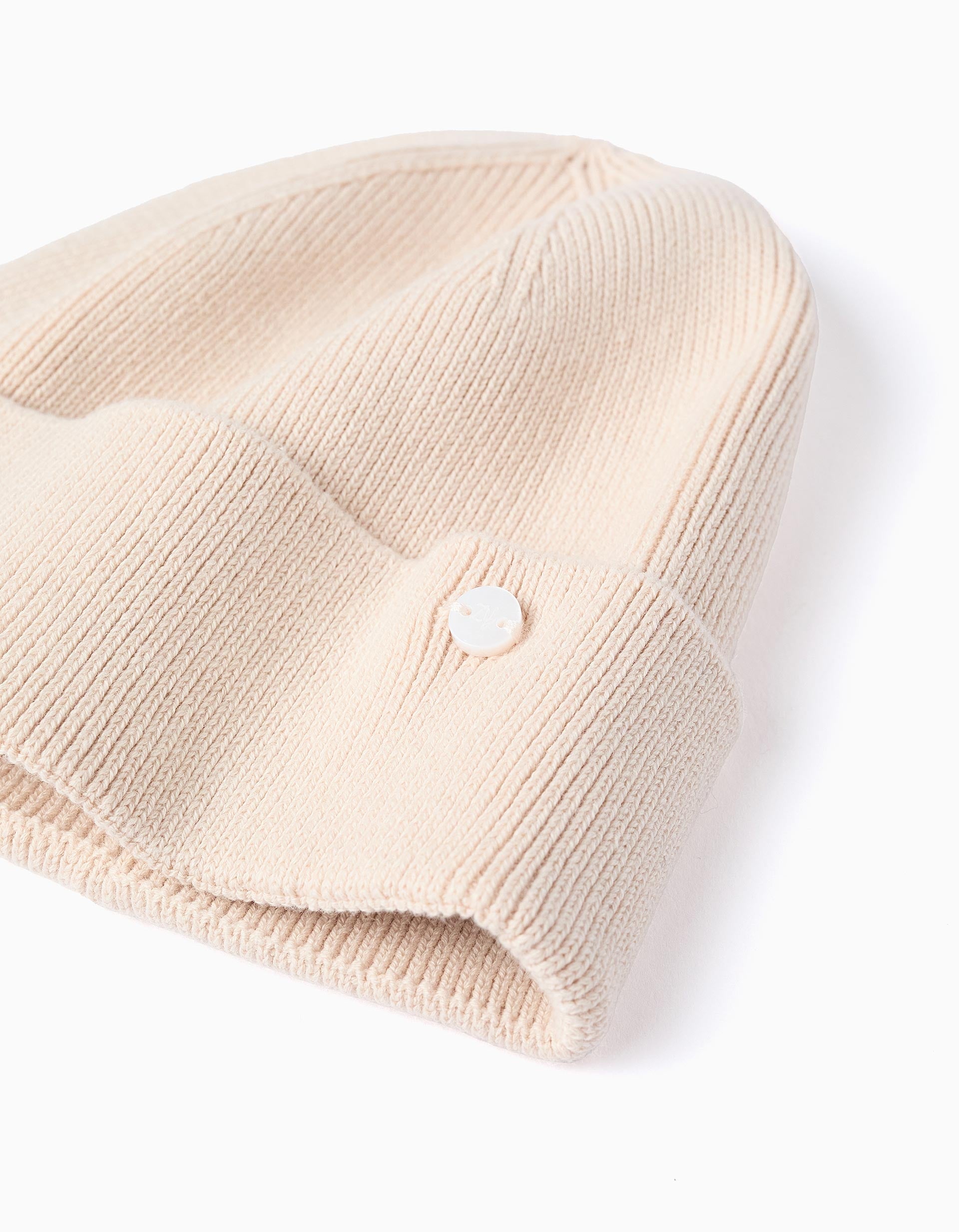 Ribbed Beanie Hat with Fold for Girls, Beige