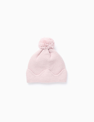Gorro com Pompom e Base Ondulada para Menina, Rosa