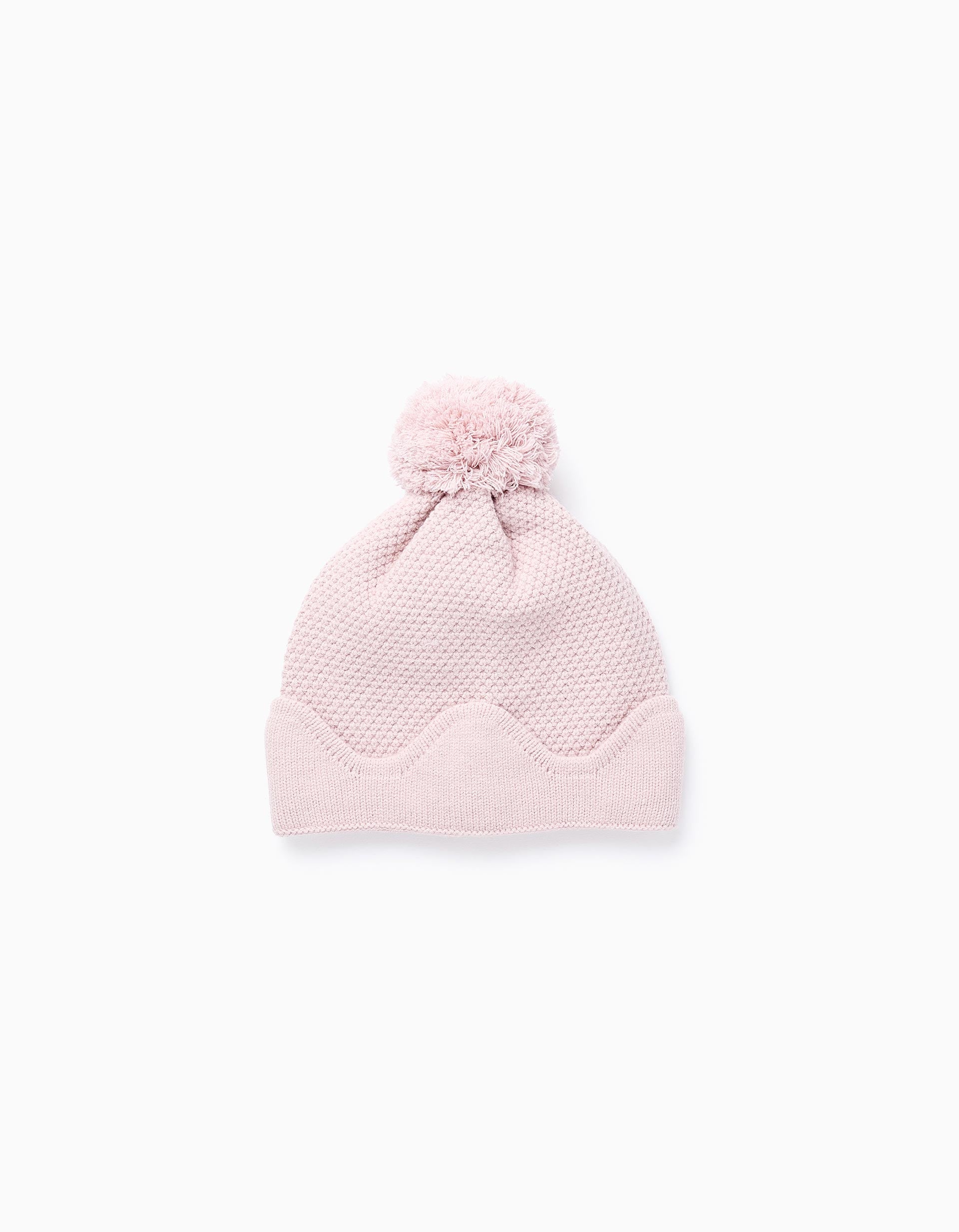 Beanie with Pompom and Wavy Hem for Girls, Pink