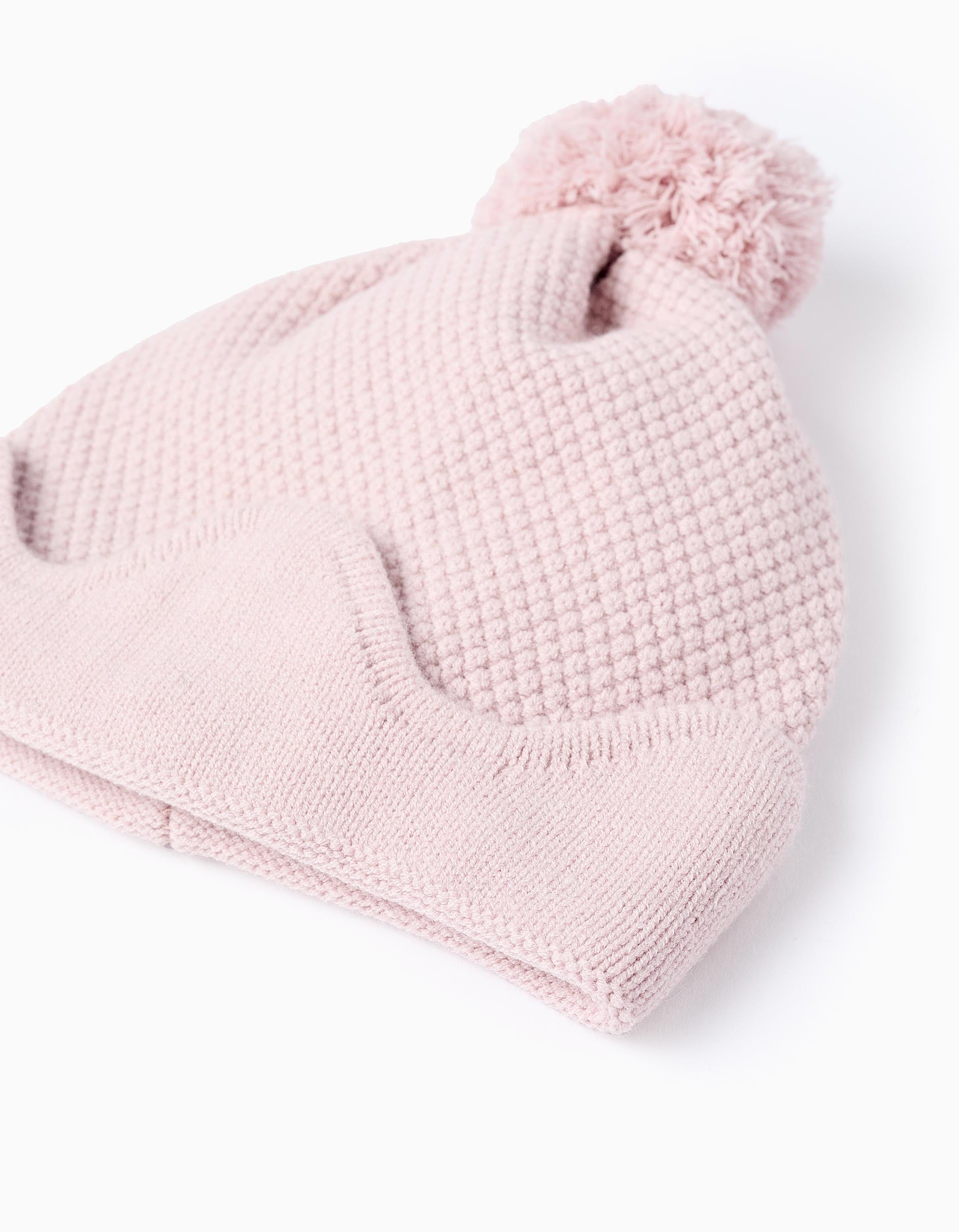 Beanie with Pompom and Wavy Hem for Girls, Pink