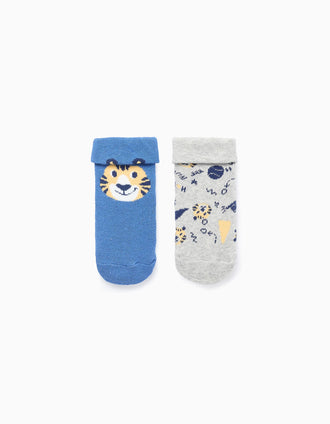 Pack 2 Meias Antiderrapantes para Bebé Menino 'Tigre', Cinza/Azul
