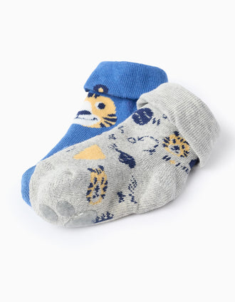 Pack 2 Calcetines Antideslizantes para Bebé Niño 'Tigre', Gris/Azul