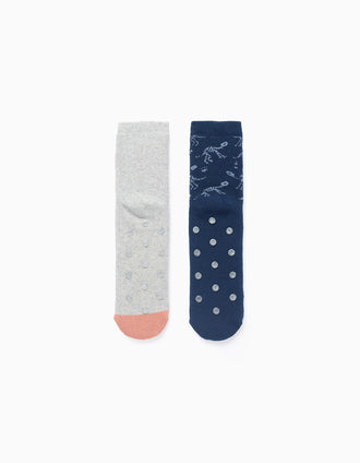 Pack 2 Chaussettes Antidérapantes pour Garçon 'Dinosaure', Bleu/Gris