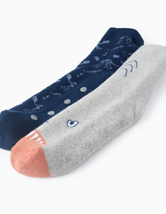 Pack 2 Chaussettes Antidérapantes pour Garçon 'Dinosaure', Bleu/Gris