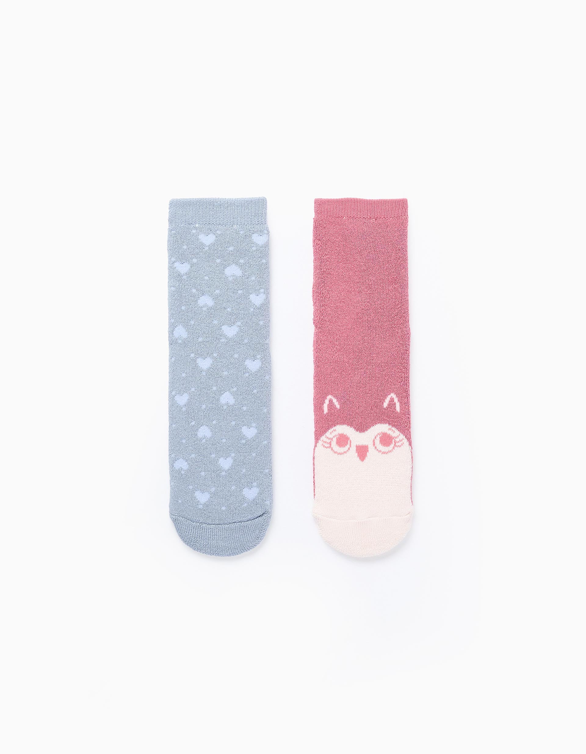 Pack of 2 Non-Slip Socks for Girls 'Owl', Pink/Blue