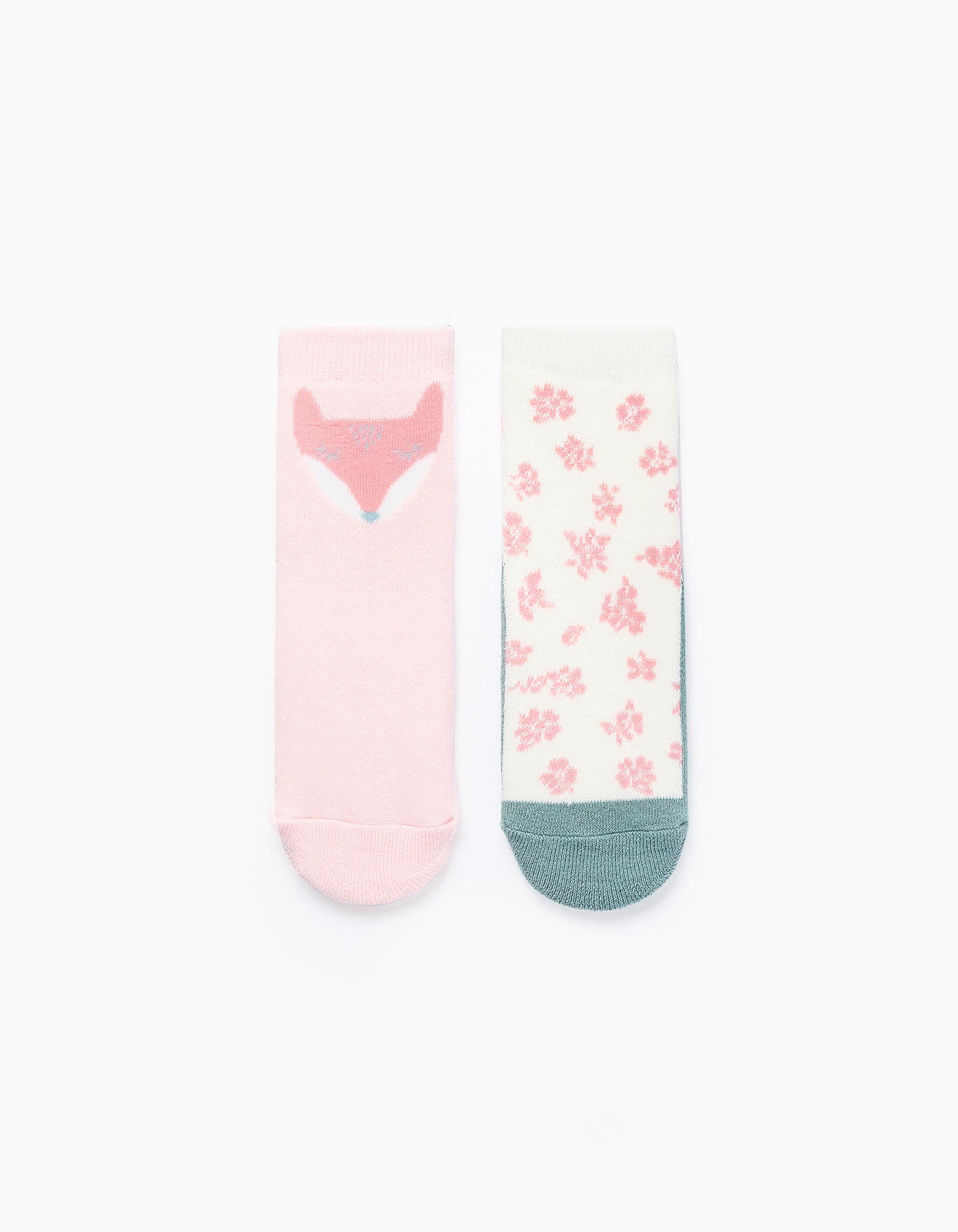 Pack of 2 Non-Slip Socks for Girls 'Fox', Pink/Green