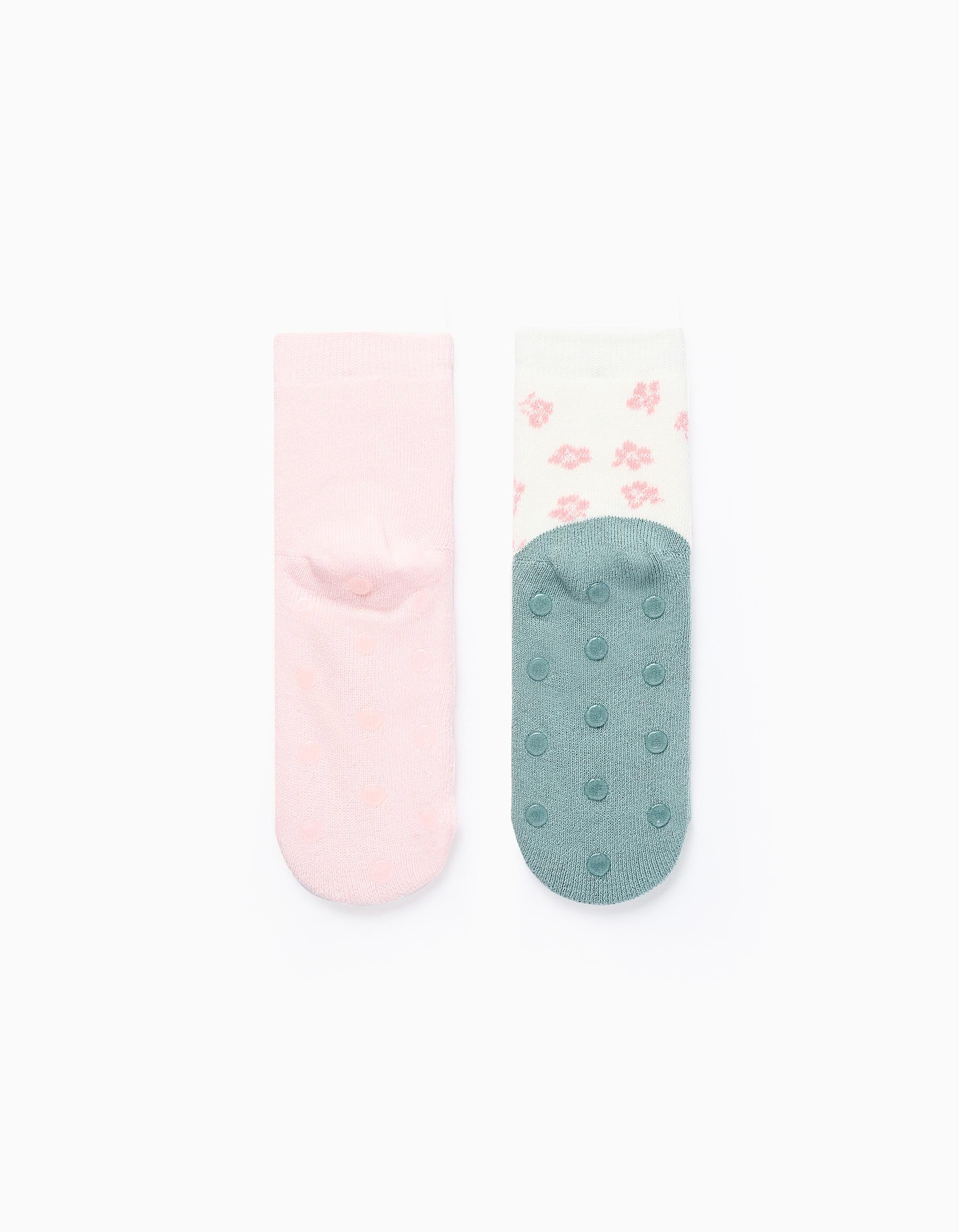 Pack of 2 Non-Slip Socks for Girls 'Fox', Pink/Green