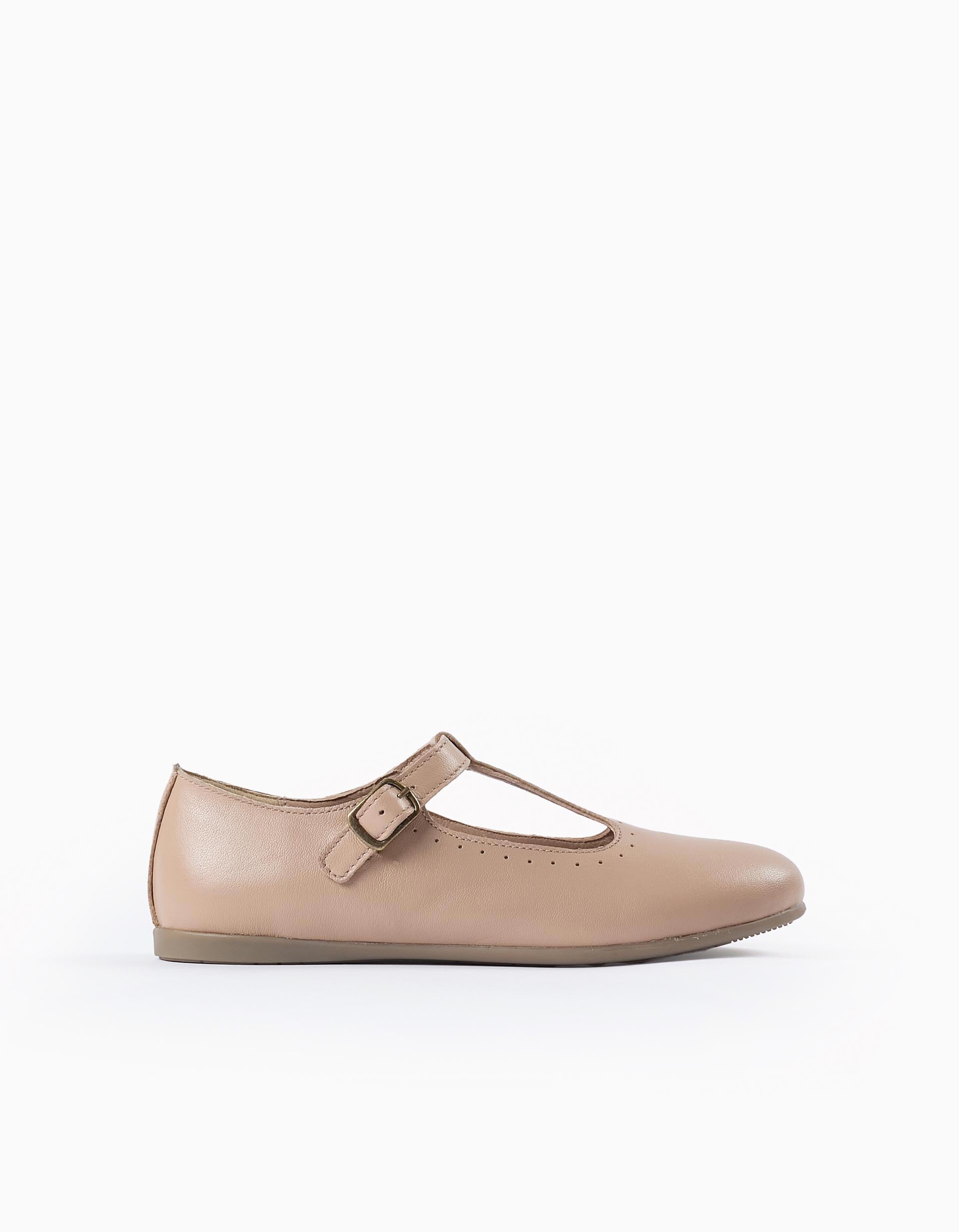 Leather Ballerina Flats for Girls, Beige