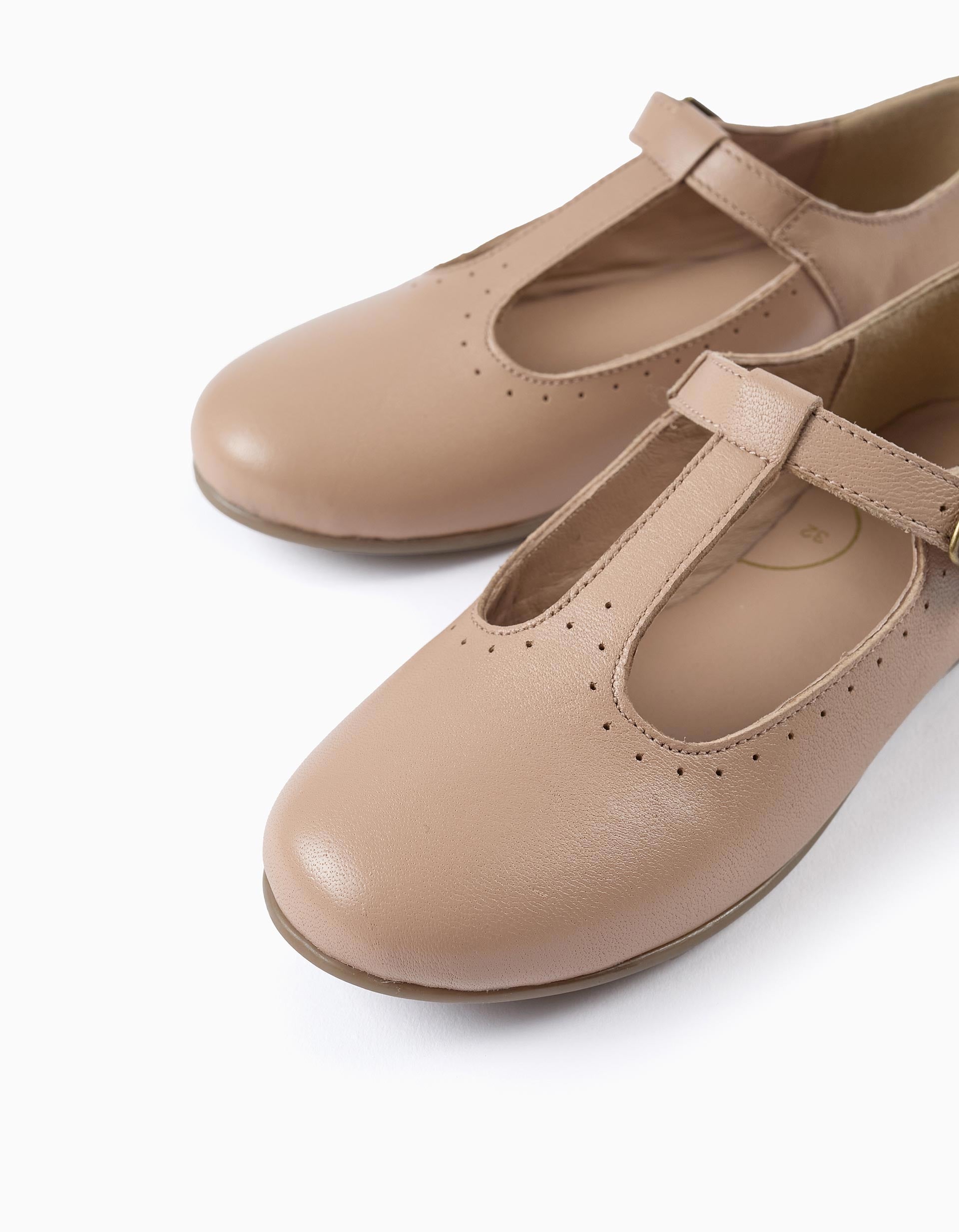 Leather Ballerina Flats for Girls, Beige