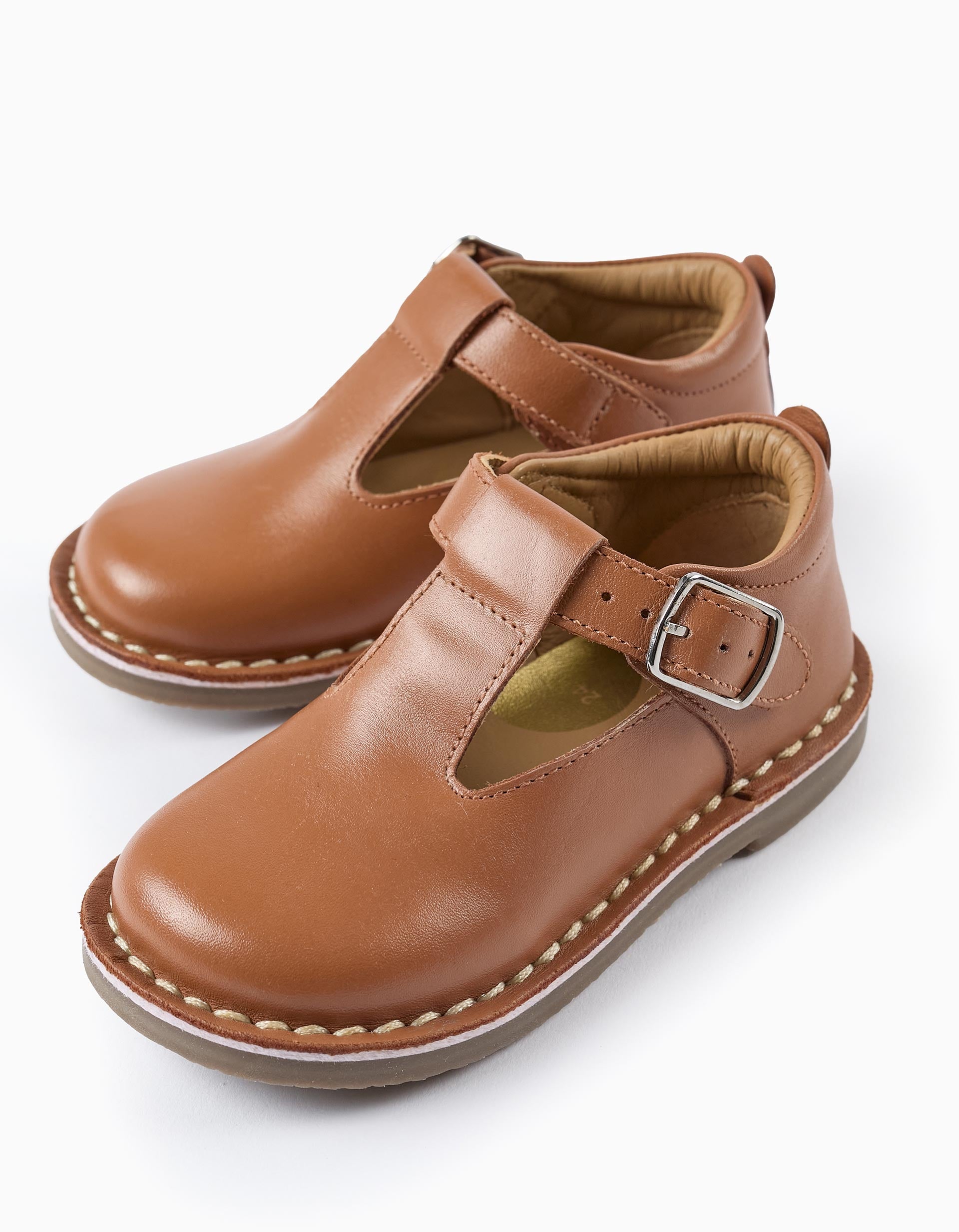 Leather Mary Jane Shoes for Baby Girls, Camel