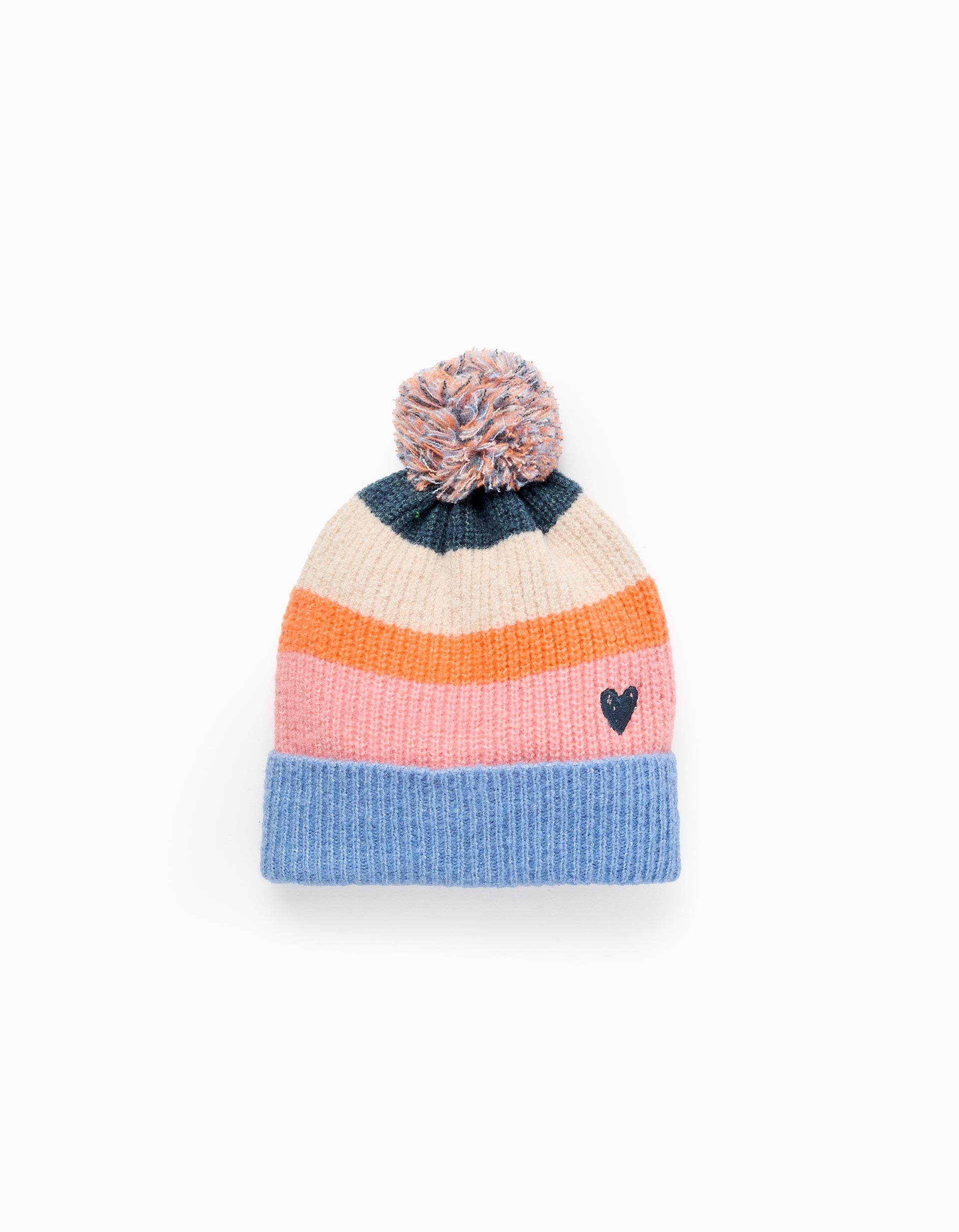 Ribbed Beanie with Pom Pom and Heart, Multicolour