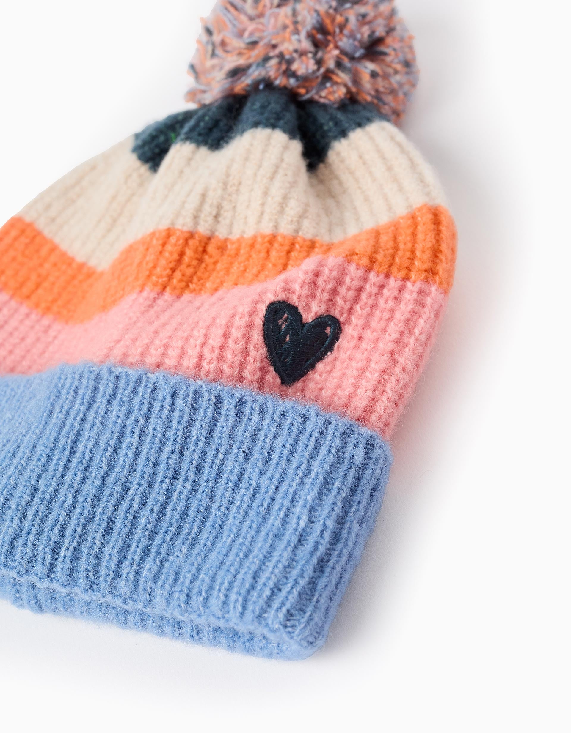 Ribbed Beanie with Pom Pom and Heart, Multicolour