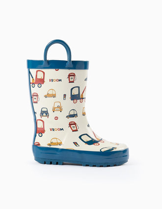 Botas de Agua para Bebé Menino 'Vehículos', Beige/Azul Oscuro