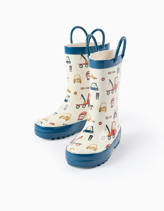 Botas de Agua para Bebé Menino 'Vehículos', Beige/Azul Oscuro
