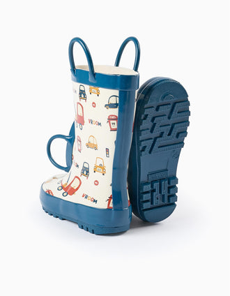Botas de Agua para Bebé Menino 'Vehículos', Beige/Azul Oscuro