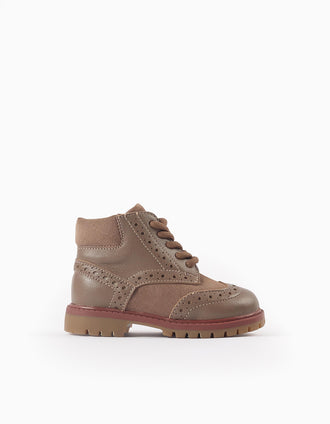 Botas Brogue de Pele para Bebé Menino, Castanho