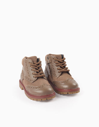 Botas Brogue de Pele para Bebé Menino, Castanho