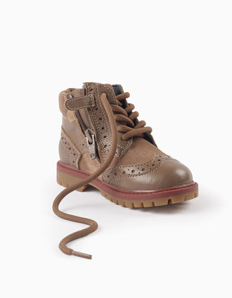Botas Brogue de Pele para Bebé Menino, Castanho