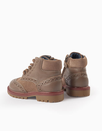 Botas Brogue de Pele para Bebé Menino, Castanho
