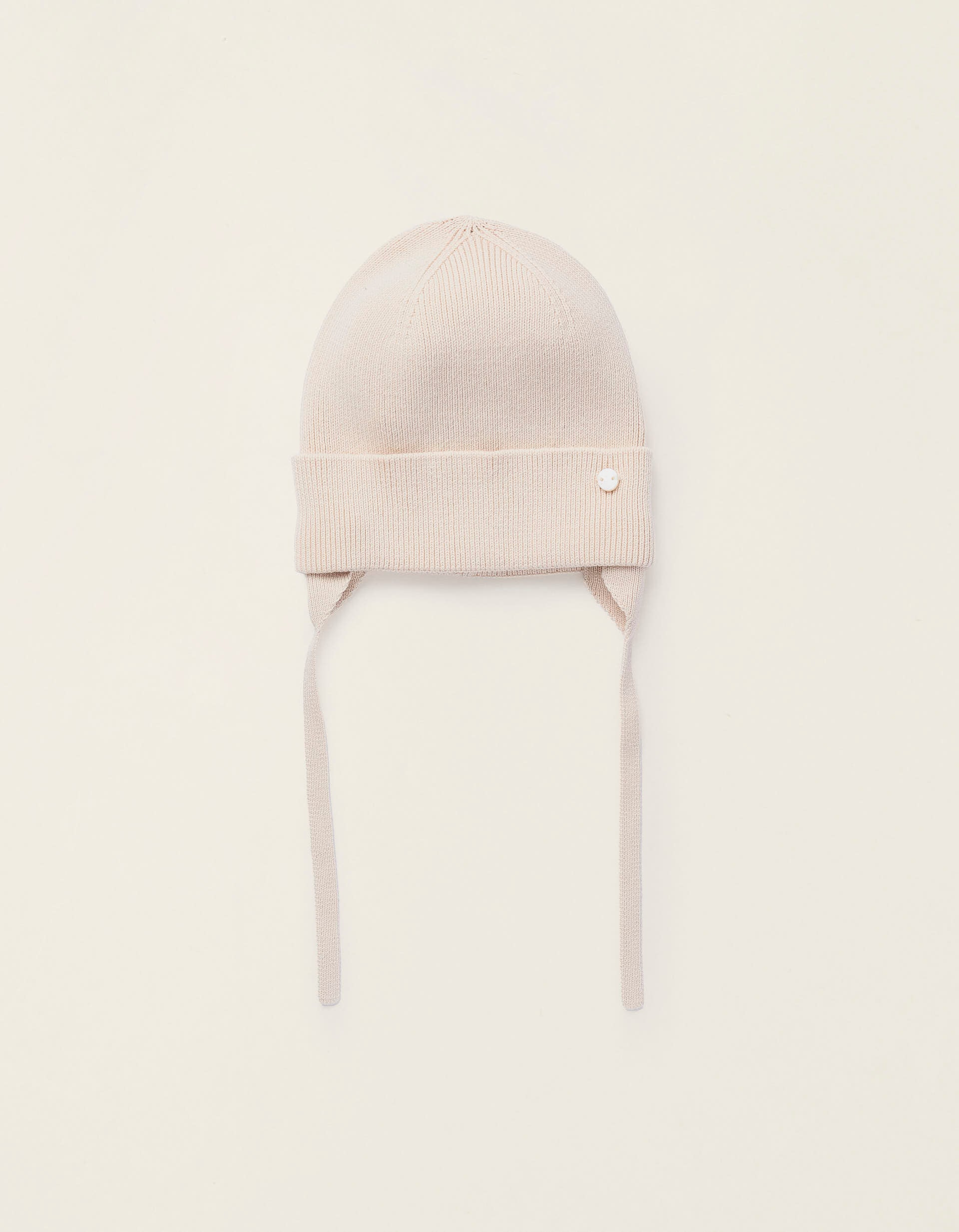 Beanie with Side Straps for Newborn Girls, Beige