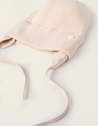 Bonnet avec Lanières Latérales pour Nouveau-née, Beige