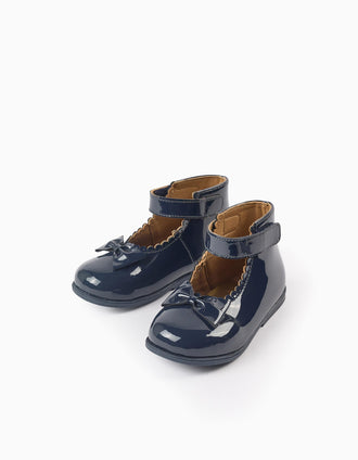 Sabrinas de Pele e Verniz pelo Tornozelo para Bebé Menina, Azul Escuro