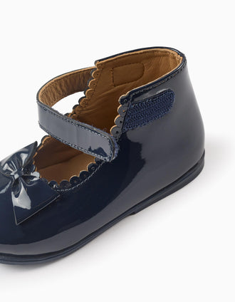 Sabrinas de Pele e Verniz pelo Tornozelo para Bebé Menina, Azul Escuro