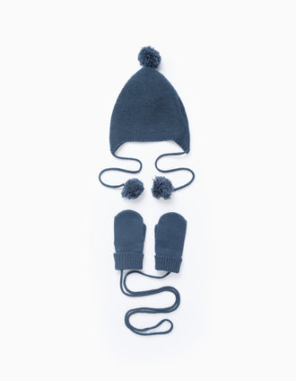 Bonnet + Gants en Maille pour Nouveau-Né, Bleu Foncé