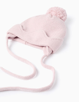 Gorro com Pompom e Base Ondulada para Bebé Menina, Rosa
