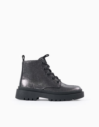 Botas Brillantes con Cremallera para Niña, Plateado/Negro