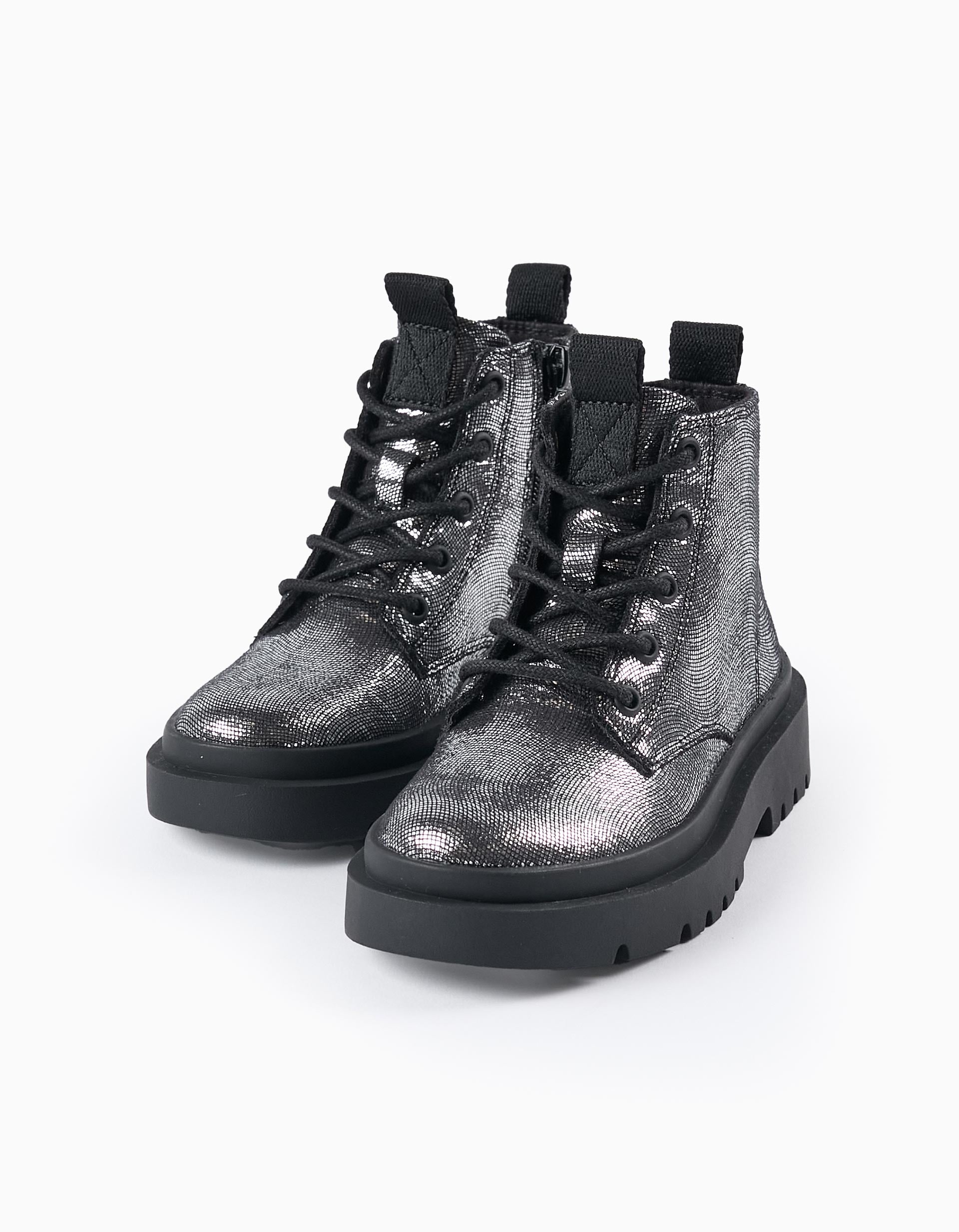 Shiny Zip-Up Boots for Girls, Silver/Black