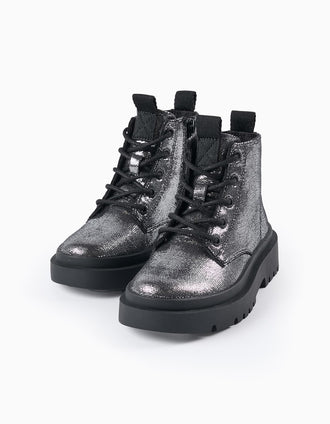 Botas Brillantes con Cremallera para Niña, Plateado/Negro