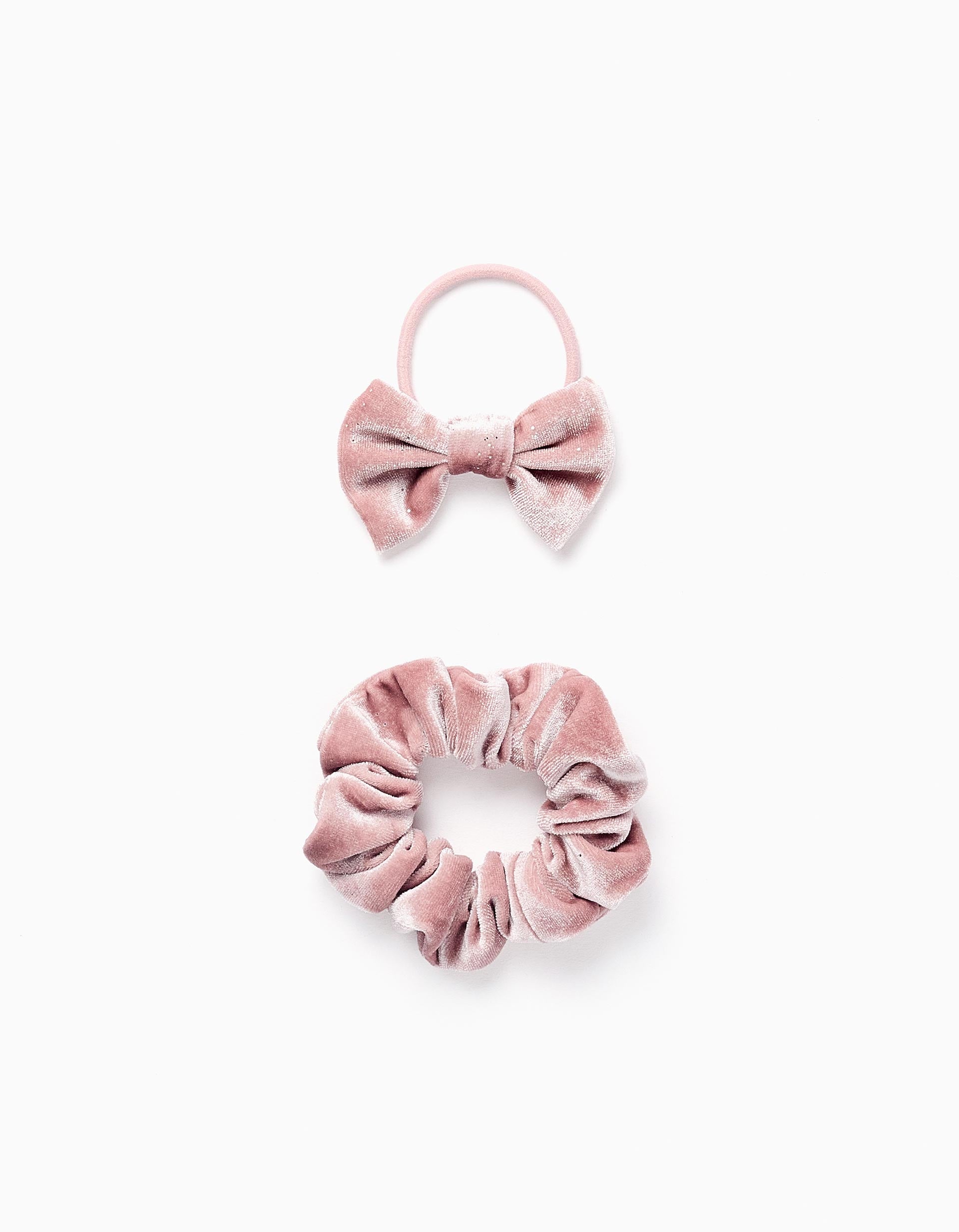 Chouchou + Élastique à Cheveux avec Nœud en Velours Bébé et Fille, Rose