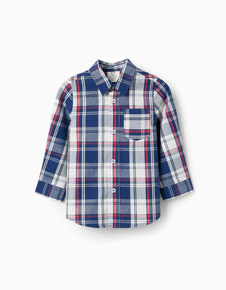 Camisa de Algodão com Xadrez para Bebé Menino, Azul/Vermelho/Branco