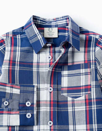 Camisa de Algodão com Xadrez para Bebé Menino, Azul/Vermelho/Branco