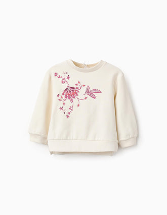 Sweat Cardada com Bordados para Bebé Menina, Branco/Rosa