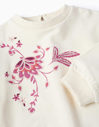 Sweat Cardada com Bordados para Bebé Menina, Branco/Rosa