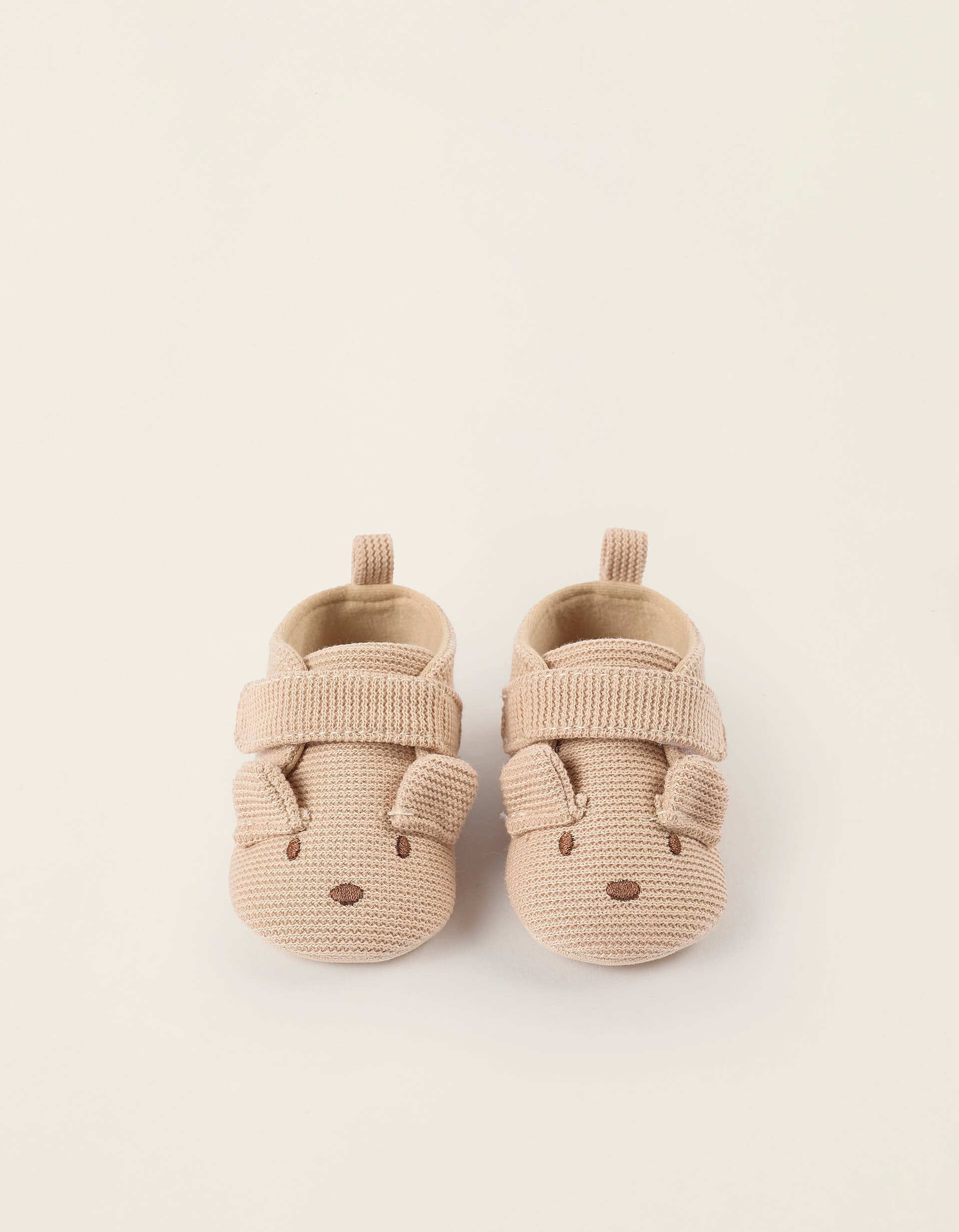 Fabric Shoes with Embroidery for Newborns, Beige