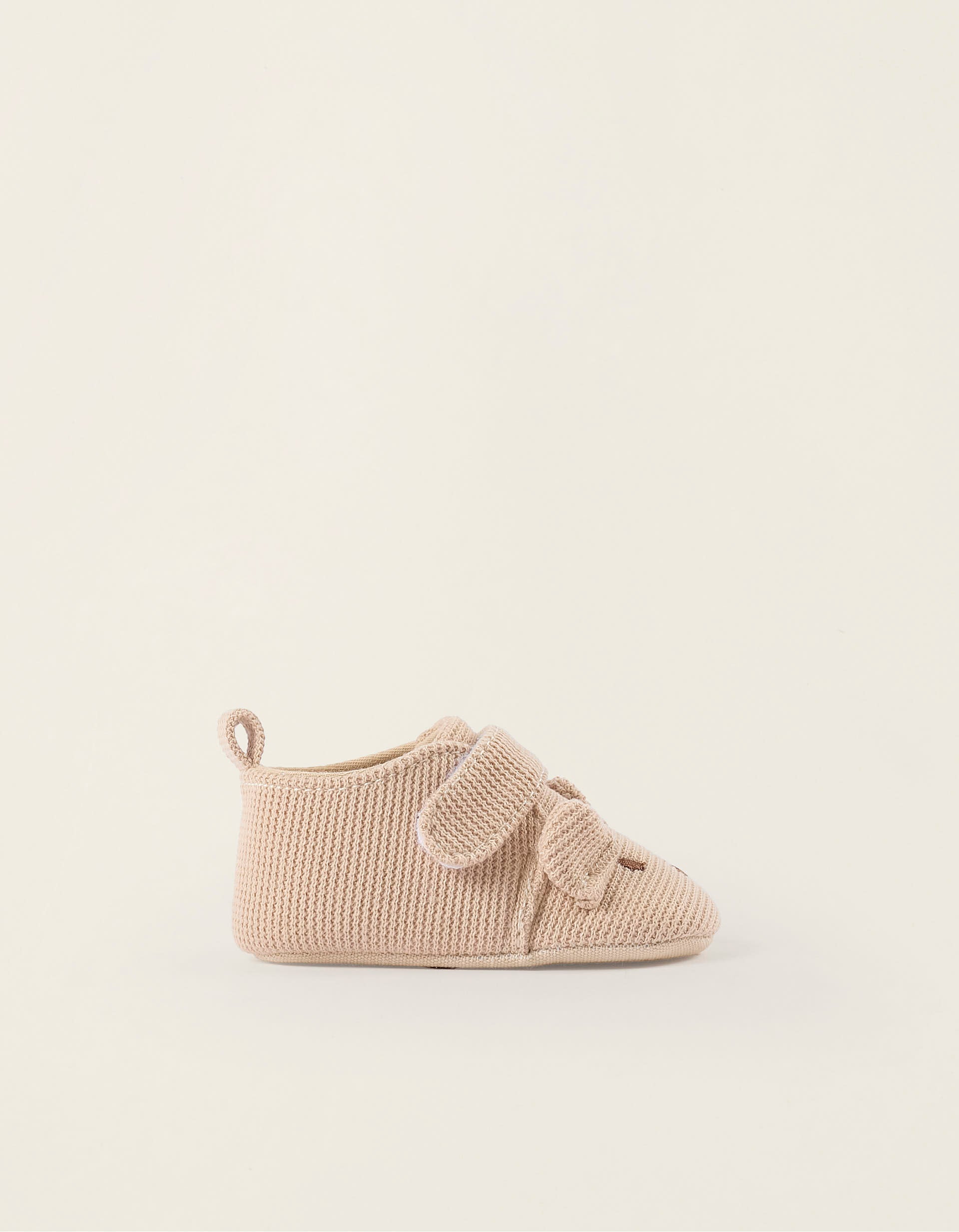 Fabric Shoes with Embroidery for Newborns, Beige