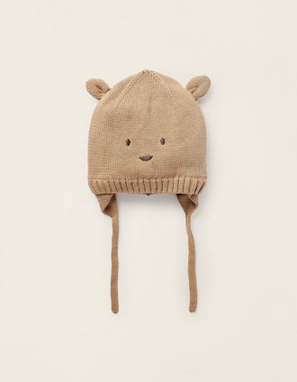 Bonnet en Maille avec Broderies et Oreilles pour Nouveau-née, Camel