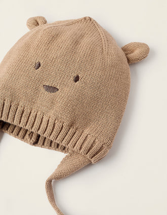 Gorro de Malha com Bordados e Orelhinhas para Recém-nascido, Camel