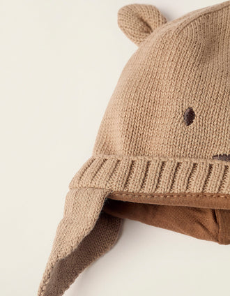 Gorro de Malha com Bordados e Orelhinhas para Recém-nascido, Camel