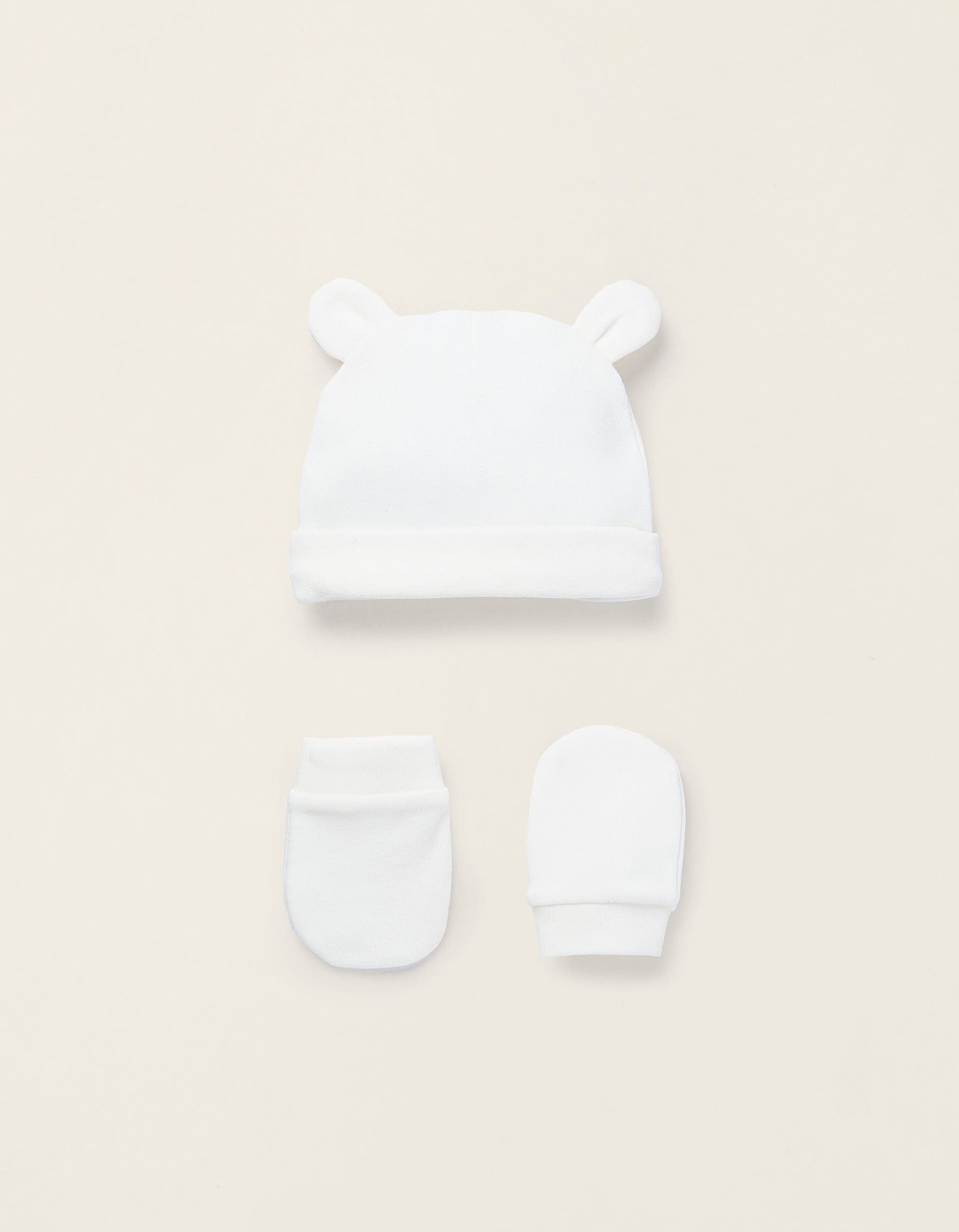 Beanie + Cotton Mittens for Newborns, White