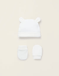 Bonnet + Moufles en Coton pour Nouveau-née, Blanc