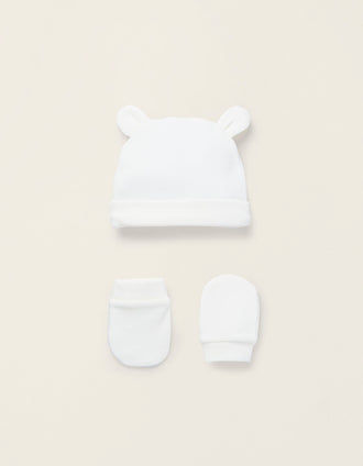Bonnet + Moufles en Coton pour Nouveau-née, Blanc